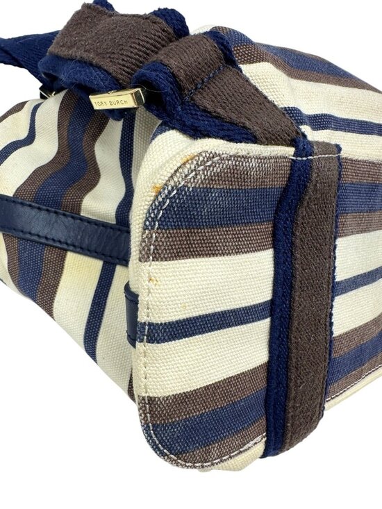 Tory Burch Kerrington Striped Canvas Backpack Leather Trim Preppy Travel main image 13